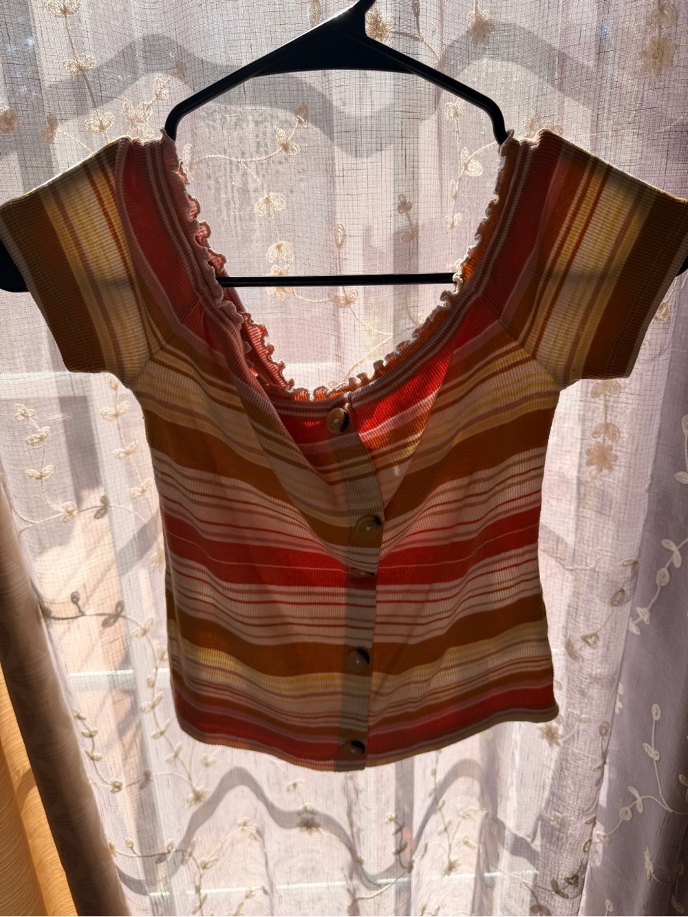 Off the shoulder with ruffles Striped Button-Front Women’s Top in Natural colors